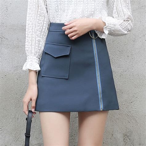 Yichaoyiliang Blue A Line Mini Skirts Fashion Metal Ring Front Pocket