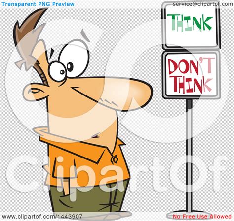 Clipart Of A Cartoon White Man Staring At Think And Dont Think Signs
