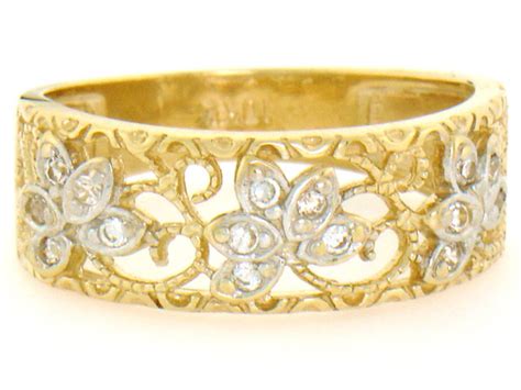 10k Or 14k Solid Yellow Gold Filigree Leaf Design Cz Band Ring Ebay
