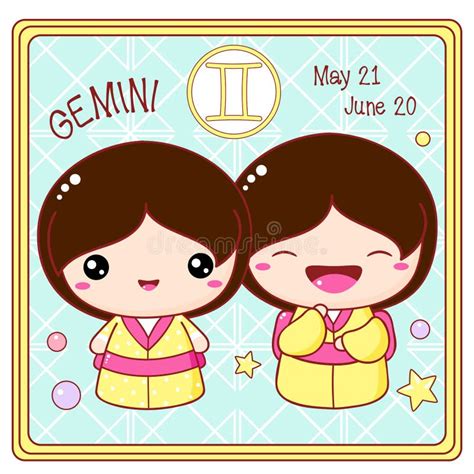 Zodiac Gemini Sign Character In Kawaii Style Square Card With Zodiac