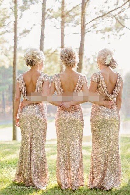 Champagne Gold Long Bridesmaid Dresses Sequined Short Sleeve Floor