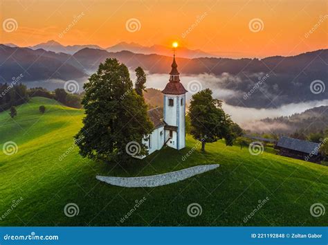 Skofja Loka Slovenia Aerial View Of The Beautiful Hilltop Church Of