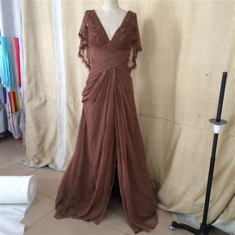 Special Offer Brown V Neck Long Chiffon And Lace Prom Dresses 2017 Free