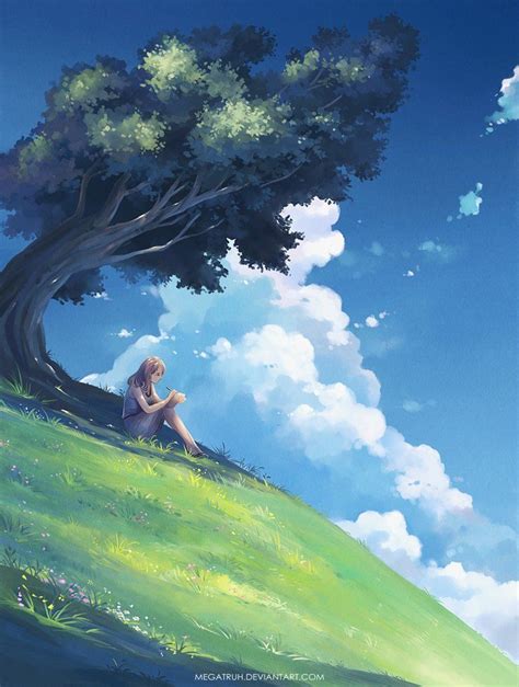 Under A Tree Upon A Hill Anime Scenery Animation Art Digital Painting