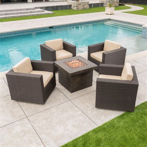 Noble House Puerta Dark Brown 4 Piece Wicker Patio Fire Pit Seating Set