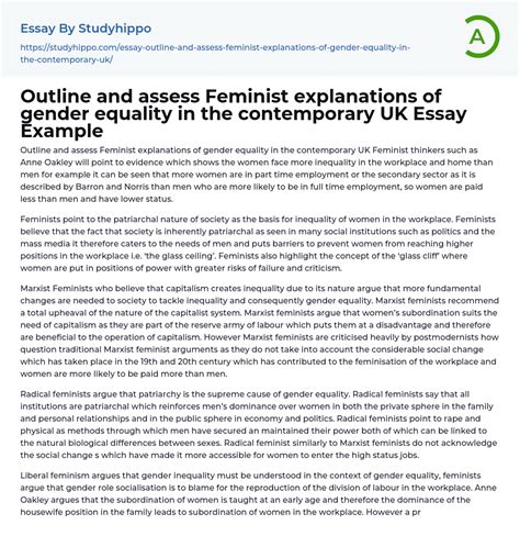 Outline And Assess Feminist Explanations Of Gender Equality In The Contemporary Uk Essay Example