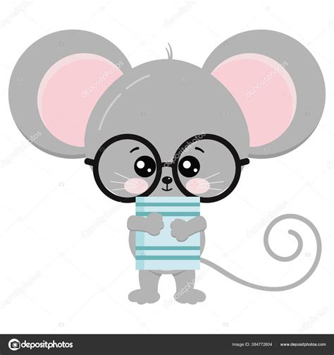 Cute Mouse Stand Glasses Book Paws Vector Icon Illustration Funny Stock