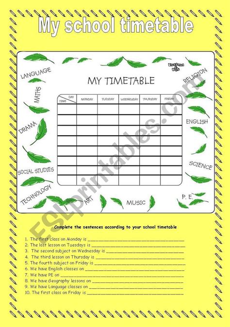 My School Timetable Esl Worksheet By Ingrata84