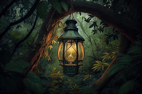 Premium Ai Image Lantern Hanging From Tree Branch Surrounded By Lush