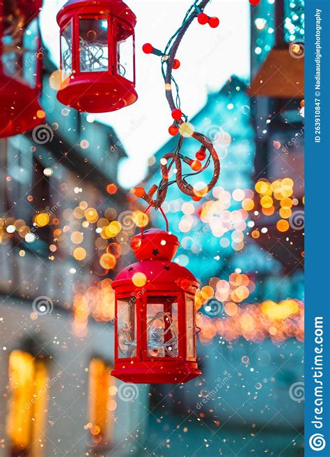 Red Christmas Lantern And Fairy Lights Stock Image Image Of