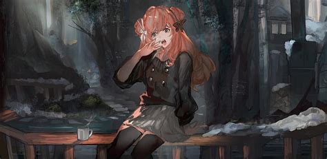 Anime Anime Girls Sentado Ruiva Copa Cabelos Longos Boca Aberta
