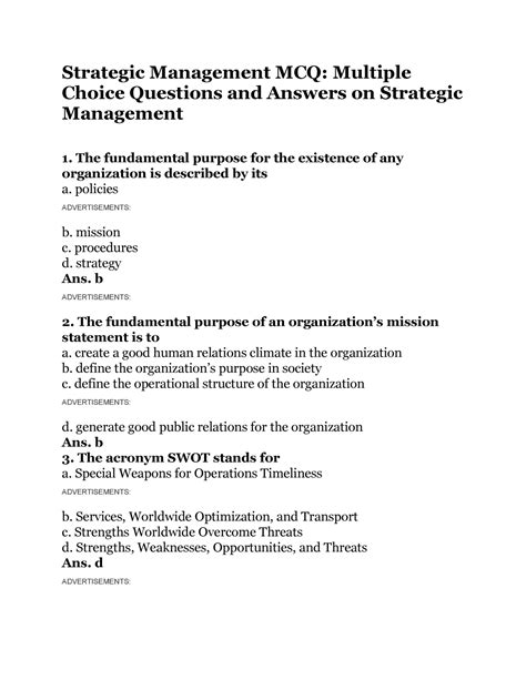 Strategic Management Mcq Policies Advertisements B Mission C