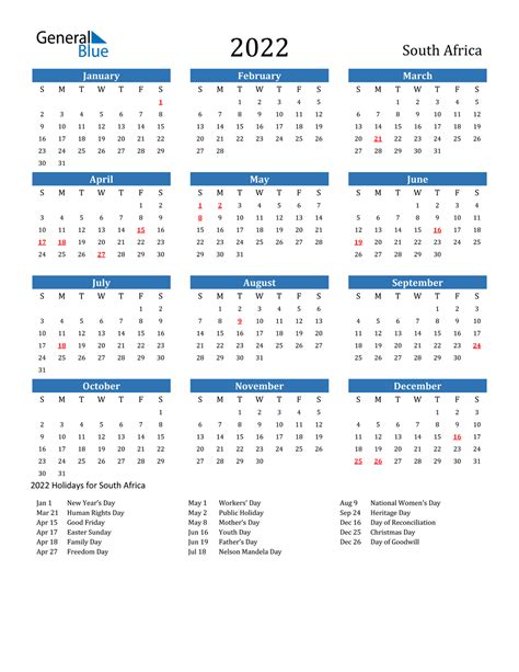 2022 Holiday Calendar South Africa