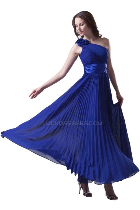A Line One Shoulder Pleated Long Blue Chiffon Prom Evening Formal Party