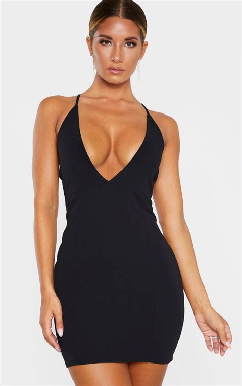 Black Deep Plunge Strappy Back Bodycon Dr Prettylittlething