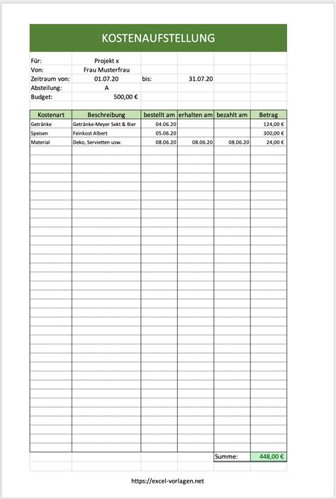 Kostenaufstellung Excel Vorlage Kostenlos
