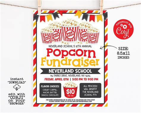 Editable Popcorn Fundraiser Flyer Template School Benefit Etsy