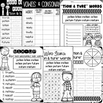 Choose the word that has a particular sound. Spelling & Word Work: "tion" & "ture" - Week 32 by First ...