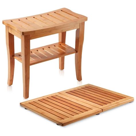 Bambusi Bamboo Shower Seat Bench With Bathroom Floor Mat For Indoor And