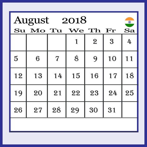 2018 August Calendar India Calendar Calendar Word 2018 Calendar