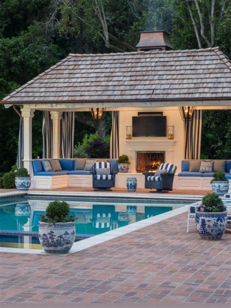 Stunning Pool And Outdoor Pavilion With Fireplace Backyard Pavilion