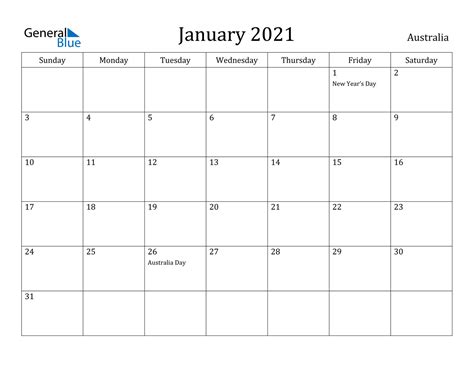 Free printable monthly calendar 2021. January 2021 Calendar - Australia
