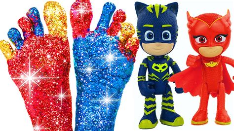 Pj Masks Toys And Learn Colors With Painting Colorful Feet And Glitter