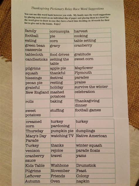 Check out our extensive pictionary word list to get started. Hope Floats and More: Thanksgiving Family Pictionary Relay Race - with Free Printable List of ...