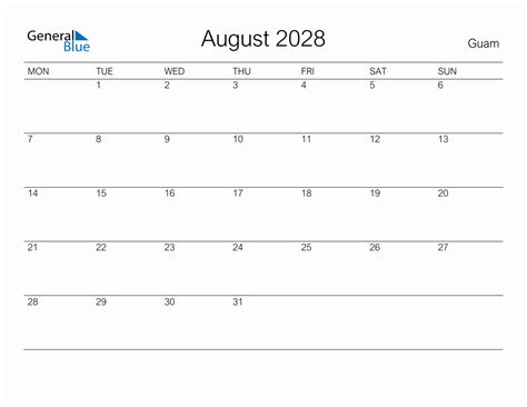 Printable August 2028 Monthly Calendar With Holidays For Guam