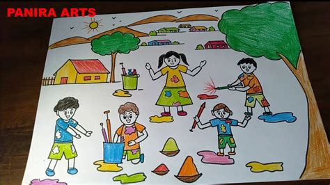 How To Draw Holi Festival Drawing Kids Celebrating Holi Festival