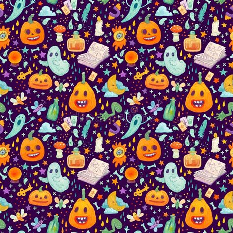 Halloween Seamless Pattern With Pumpkins And Ghosts Stock Illustration