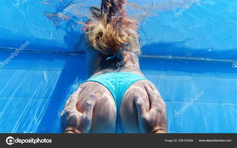 Man Hands Touching Butt Girl Underwater Holiday Vacation Summer Concept