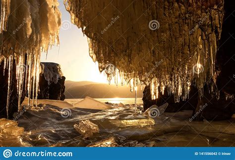 Sunrise Mountains Ice Cave Icicles Sun Stock Photo Image