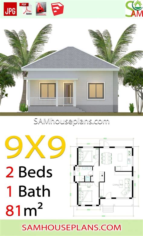 House Plans 9x9 With 2 Bedrooms Gable Roof 229