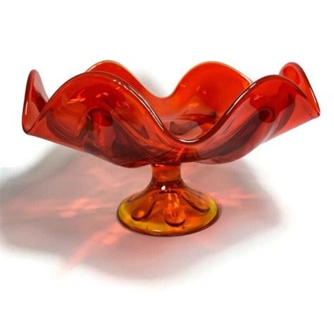 New Martinsville Viking Art Vtg Mcm Viking Glass Amberina Pedestal Dish Compote Candy Swung