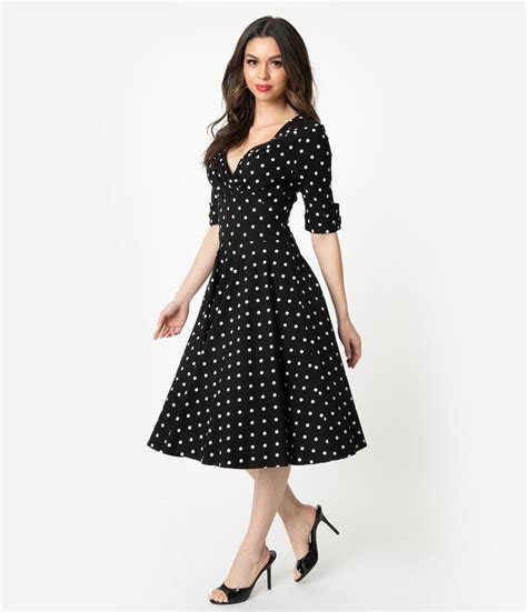 Unique Vintage S Black White Polka Dot Delores Swing Dress With