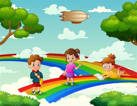 Kinder Und Regenbogen Vektor Abbildung Illustration Von Zeichnung