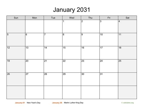 January 2031 Calendar With Weekend Shaded