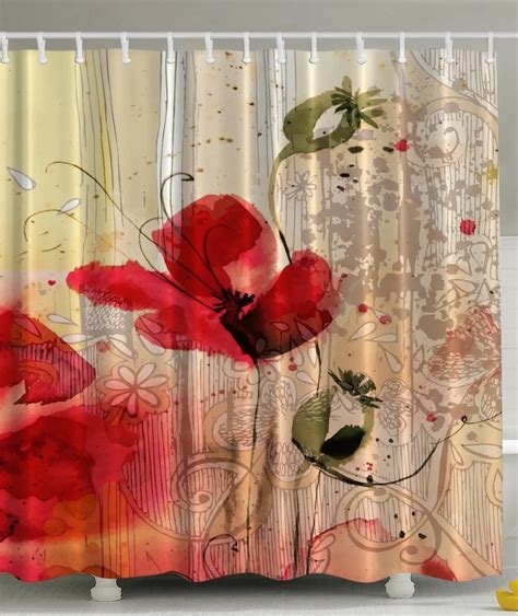 Memory Home Red Poppy Flower Beige Floral Fabric Shower Curtain Digital