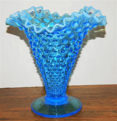 Large Fenton Blue Opalescent Hobnail Double Crimped Vase Fenton
