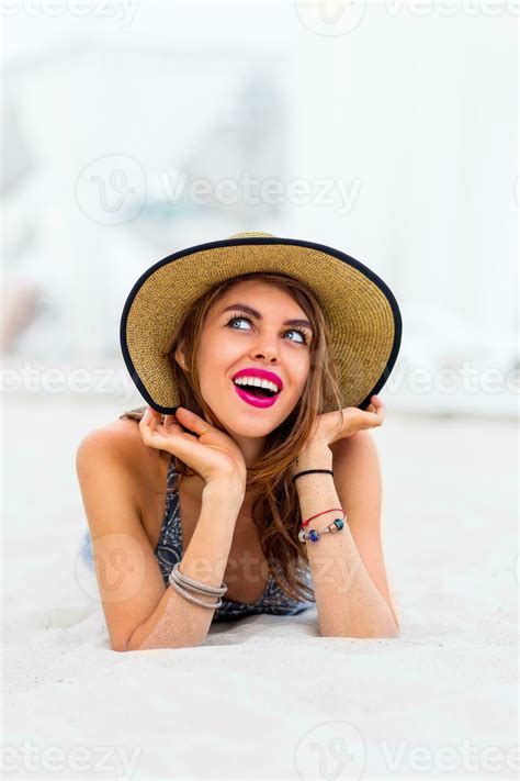 Pretty Slim Woman In Trendy Summer Outfit Posing Near Luxury Resort