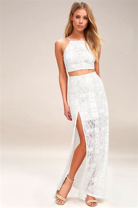 We're talking about cool crop tops, chic suits, and pretty skirt combinations that prove two can this custom wedding gown features a lace halter crop top and full raw silk skirt — the perfect combination of party on top and formal on the bottom. Chic White Dress - Two-Piece Dress - Lace Maxi Dress - Lulus