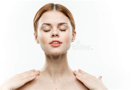Woman With Closed Eyes Holds Hands Near Face Naked Shoulders Emotions