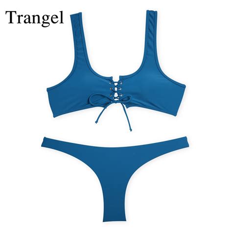 Trangel Women Sexy Lace Up Bikinis Low Waist Blue Solid Sport Bikini 2019 Beach Wear Brazilian