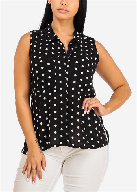 Moda Xpress Womens Juniors Casual Blouse Sleeveless Polka Dot Print