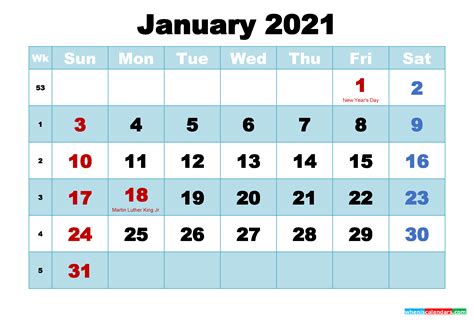 Free Printable January 2021 Calendar with Holidays as Word, PDF - Free Printable 2020 Monthly ...