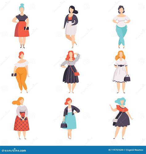 Beautiful Plus Size Women In Fashionable Clothes Set Curvy Overweigh Girl Pinup Model Vector