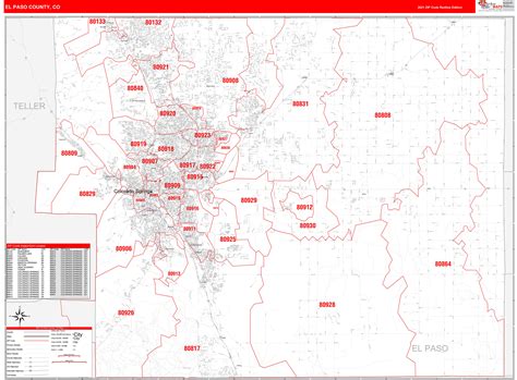 El Paso County Tx Zip Code Wall Map Red Line Style By