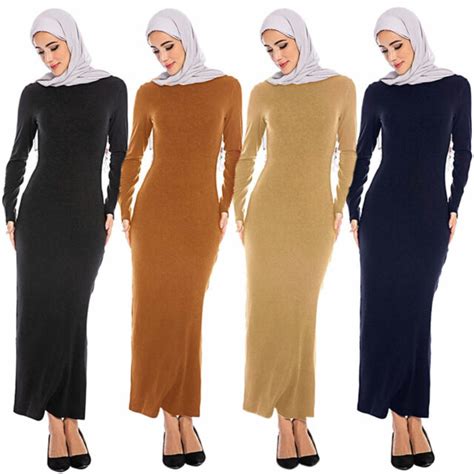Women Muslim Dress Ladies Bodycon Abaya Long Sleeve Basic Islamic Maxi Dresses Ebay