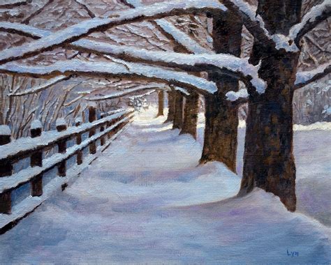Original Oil Painting Snow Fence Trees Walk Painting Snow